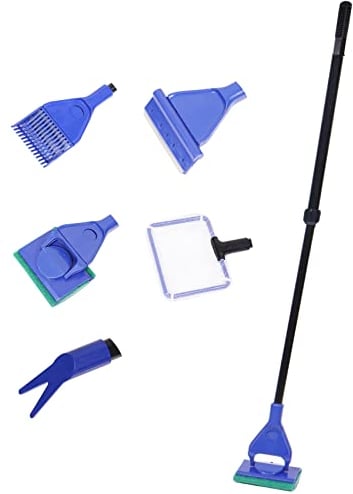 Nideen 5 in 1 Aquarium Cleaning Tools, Adjustable Fish Tank Cleaning Kit with Long Telescopic Handle Algae Scraper, Gravel Rake, Plant Fork, Fish Net, Sponge Brush