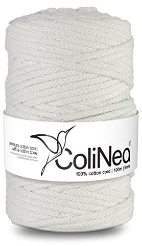 ColiNea Baumwollkordel mit Baumwollkern 5 mm 100m Baumwollgarn DIY Makramee Stricken Cotton Cord weiß ideal für Makramee Handwerk Baumwollseil für Basteln