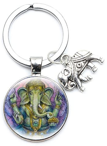 Ganesha Buddha-Elefanten-Schlüsselanhänger, runde Glasoberfläche, Kunstmuster, Liebhaber, Sammlung, Charm, Schlüsselanhänger, Halter, Ringe, Autotasche, Schmuck, braun, 25