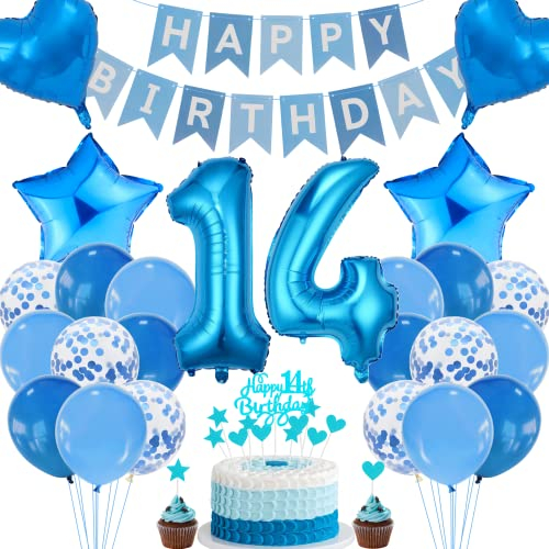 Cnrose 14. Geburtstag Dekoration - Blau Tortendeko für Jungen & Mädchen, Party Deko für 14. Geburtstag