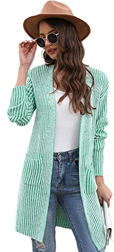 HEYPORK Damen Herbst Winter Warm Bequem Jacke Casual Mode übergangsjacke Mantel Frauen Herbst/Winter Gerippte Strickjacke Tasche Solide Stricken Pullover Jacke(Grün, L)