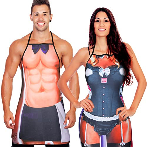 2 Stück Lustige Geschenke Set für Herren Damen Neuheit Grillschürze Muskel Kochschürzen Verstellbar Wasserdicht Küchenschürze für Weihnachten BBQ Party Erwachsene Paare (Kaninchen Stil)