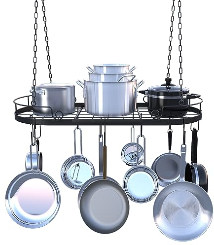 TICKCACY 33' Oval Pan Rack Hanging, Heavy Duty Ceiling Pot Rack with Hooks, Metal Pot Hanger with Grid, Pan and Pot Hangers for Kitchen Cookware Utensils Toiletries, Easy Assembly, Black