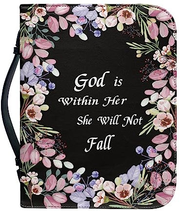 Custodia biblica con chiusura lampo, grande in pelle, da donna, con fiori, borsa bibbia da donna, Nero , L