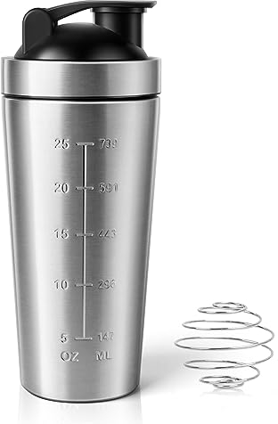 FENGQ Protein Shaker Edelstahl, 750ml Edelstahl Protein Shaker, Sport Fitness Protein Shaker, Fitness Eiweiß Shaker, mit Rührkugel aus Edelstahl, für Eiweiß, Diät und Fitness Shakes, Silber