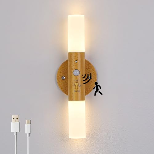 Lampop Motion Sensor Wall Lamp, Rechargeable Night Light, Portable Wireless Wall Lights Indoor, Battery Operaterd Wall Sconce, Magnetic Wall Light for Living Room, Bedroom (Wood Color, Warm White)