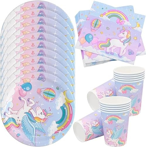 inheming 40 Pcs Unicorn Party Tableware Set,10 Guests Unicorn Plate Set,Unicorn Birthday Tableware,Unicorn Paper Cup Napkins,Unicorn Party Supplies,Children Birthday