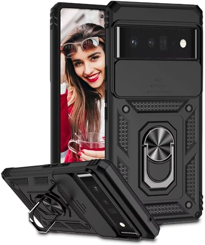 POUHYE Handyhülle für Google Pixel 6 Pro Hülle, [Slide Camera] Hybrid Militärqualität Stoßfest Bumper Outdoor Handyhülle mit 360° Drehbarer Metall Ring Ständer Schutzhülle Case Schwarz