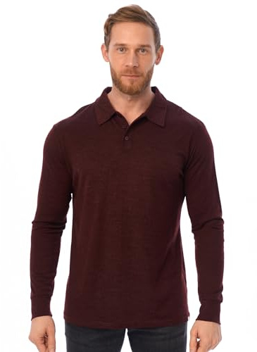 Polo de Lana Merino Hombre - Antiolor Camisas 100% Lana Merino para Hombre Manga Corta Transpirable (Large, Long Sleeve Bordo)
