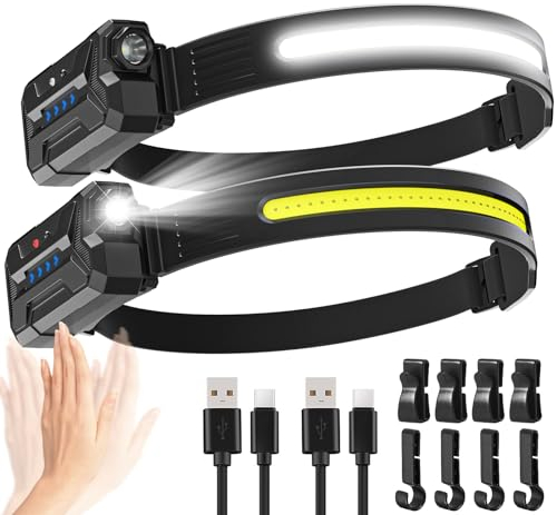 Sogdeco Stirnlampe LED Wiederaufladbar, 2 Stück 230° Weitwinkel 7 Modi Superhelle Stirnlampe, 22 Stunden Laufzeit, Sensor und Rotlicht, Wasserdicht Leicht Kopflampe für Joggen,Camping,Angeln