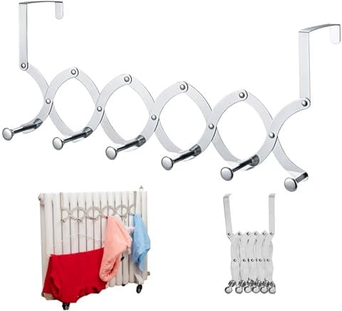 Over The Door Hooks, Retractable Stainless Steel Over Door Hanger with 6 Hooks, Heavy Duty Radiator Door Hanger Hook for Bathroom Organizer Towel Socks, Hats