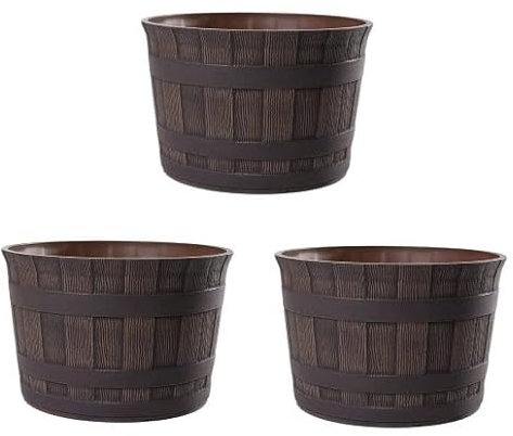 Jinfa 3er-Set Miniteich Pflanzkübel aus Kunststoff in Weinfassoptik bottich Blumenkübel | Farbe: Kastanie | Design: Barrique | Ø 36 cm