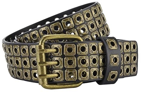 NALANY Nietengürtel Mit 3-Lochnieten, ösen Und Dornschließe Für Damen Und Herren Metall Punk Rock Glitzer Rivet Hohle Ledergürtel,40mm Breit(110cm/43, Gold), 1771384