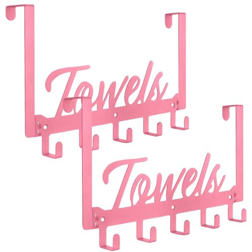 Azmoncy 2 Pack Over The Door Hooks, Towel Rack for Bathroom Towel Holder for Hanging Heavy Duty, Over Door Towel Hanger with 10 Coat Hooks for Bedroom Bathroom, Pink