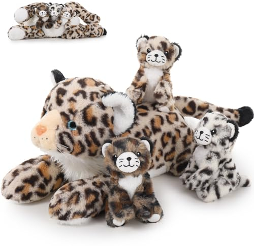 MorisMos 45cm riesen Leopardo Kuscheltier XXL mit 3 Plüschbaby im Bauch, groß liegend Plüsch geparden Leopard XXL, Flauschiger Stofftier Plüschtier Leopardteddy Geschenk für Kinder