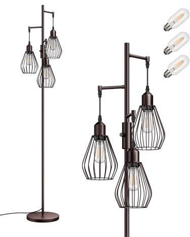 EDISHINE Industrial Floor Lamp, Dimmable Standing Lamp with Wire Cage Lampshade, Floor Lamps for Living Room, Bedroom, E27 Sockets, 3 LED Bulbs Included, Brown Metal