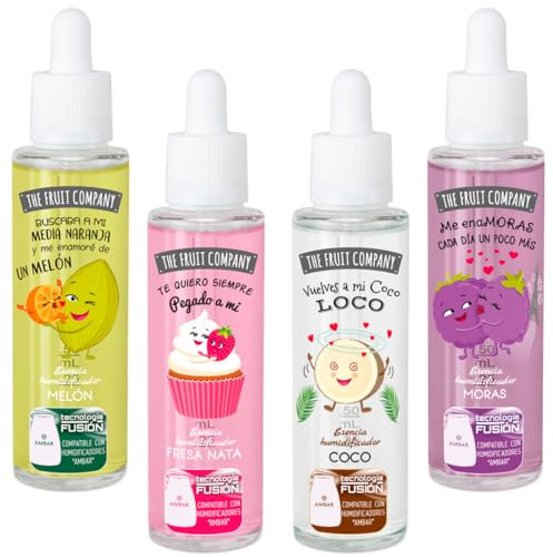 The Fruit Company Pack 4 uds de 50ml Esencia Hidrosoluble Coco, Moras, Melón y Fresa Nata Aromaterapia Humidificador Para el Hogar