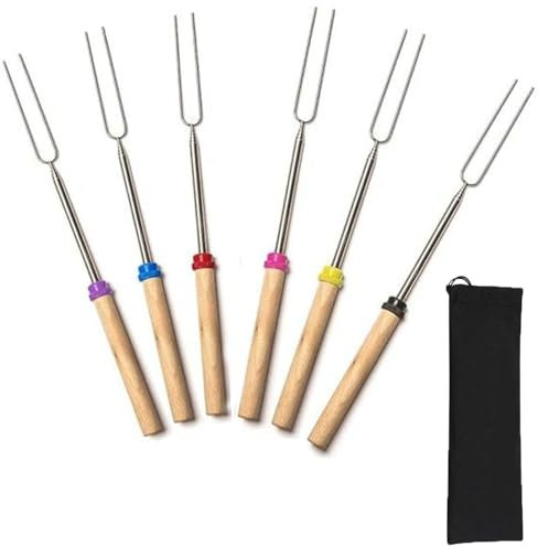 6 Pack Marshmallow Toasting Forks Kit - Extendable, Telescopic BBQ Forks, Stainless Steel Retractable Outdoor Campfire Roasting Sticks for Hot Dogs