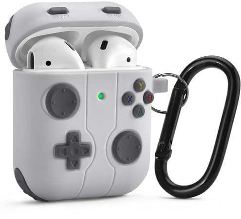 Compatibile con AirPods 2ª generazione 2019, 1ª generazione 2016, custodia in silicone liquido, design manico gioco, grigio caldo, con moschettone rosa dorato, antiscivolo, lavabile, anti-impronte