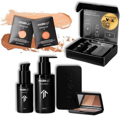 MaleUp – Starter-Set für Männer Mittel – Face Cleanser, Face Cream, 2x Concealer, Metallcase – Kaschiert Augenringe & Hautunebenheiten – Natürliches Makeup, Feuchtigkeitspflege, Hautreiniger