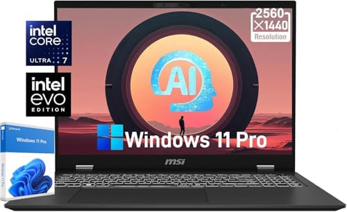 MSI Prestige 16 AI Evo Laptop - with 2021 Office Lifetime License, 16 QHD+ Display, Intel Ultra 7-155H ARC Graphics, 32 GB DDR5, 1 TB SSD, Wi-Fi 7, Ultra-Slim, Backlit KB, Win 11 Pro