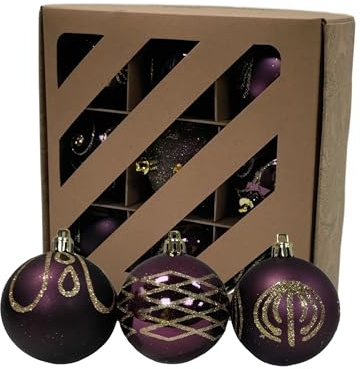 9 Decorated Plum Purple Baubles - Christmas Tree Hanging Ornaments - 60mm 6cm Matte & Shiny Glitter Set