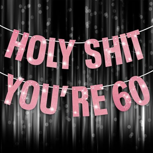 Happy 60th Birthday Banner, 60th Birthday Decorations Banner for Women Men Pink Glitter Party Decor Sign Funny Supplies Holy You're 50 Party Decoration