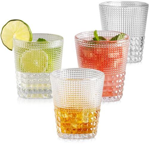 TKNO 4X 309ml Embossed Tumbler Glasses Water Glasses Gin Whiskey Milk Juice Cocktail Drinking Glassware, Vintage Bubble Beverage Tumblers Set, Ideal for Home, Restaurant, Events & Parties
