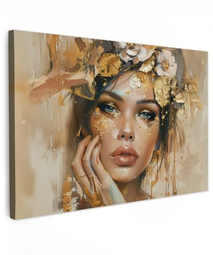 MuchoWow© Impression sur Toile Decoration Murale Peinture 120x80 cm Tableaux Decoratifs Muraux Déco Chambre Tableau Salon Femme - Fleurs - Or - Portrait