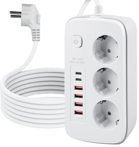 Enchufe retráctil de 3 enchufes, regleta con 4 USB, enchufe de mesa con 4 USB C, enchufe empotrable con interruptor para mesa de escritorio, cable de 2 m, color blanco
