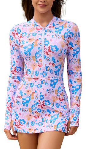 SHEKINI Damen Badeanzüge Lange Ärmel Halb Reißverschluss Rash Guard Badeanzug Bademode Taschen