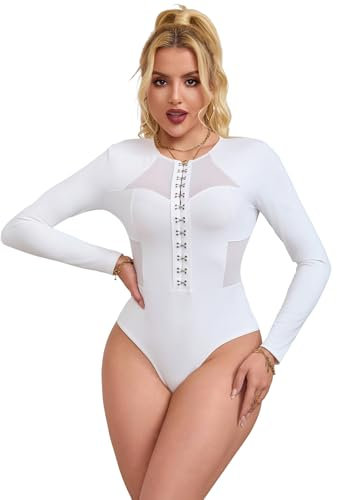 Womens Sexy Bodysuits Elegant Lace Black Bodysuit V-Neck Mesh Long Sleeve Leotard Ladies Going Out Tops Bodysuit Jumpsuit Clubwear Tops