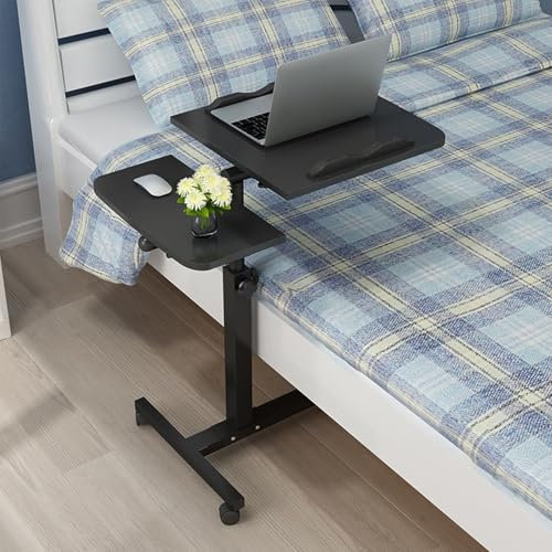 Table de lit réglable avec roulettes et plateau inclinable - Bureau de chevet pliable pour ordinateur portable - Support roulant pour chambre à coucher - Noir (60 x 40 x 59 cm)
