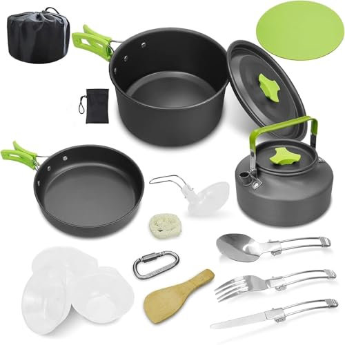 DWD® 0.8/1.2L Camp Kettle Camping Cookware Set Cooking Mess Kit Portable Backpacking Hiking Trekking Picnic Fishing Mountaineering Aluminum Camping Pots Pans Kettle Nylon Storage Bag for 2-3 People