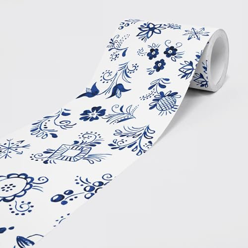 Selbstklebende Bordüre - Tapetenbordüre Wandbordüre - Dekorative Wandtatto für Wände, Möbel, Decken, Tapeten, Türen - Blaue Muster - auf 5,00 m x 0,15 m je Rolle