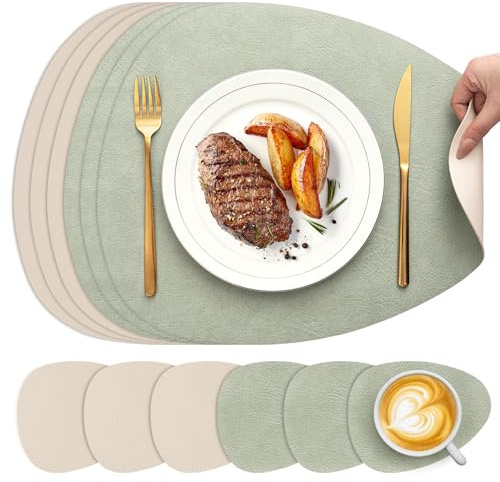 Set de Table et Dessous de Verre YIHELU, Sets de Table Ovale Lot de 6 Lavable Double Face Bicolore en Simili-Cuir, Set Table Antidérapants Faciles à Nettoyer