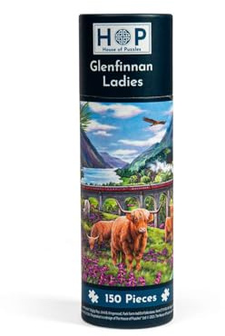 The House of Puzzles Glenfinnan Ladies Puzzle Tube | 150 Piece Scottish Landscape Themed Mini Jigsaw with Highland Cow Art | Travel Jigsaws for Adults & Kids | Small Gifts & Novelty Stocking Fillers