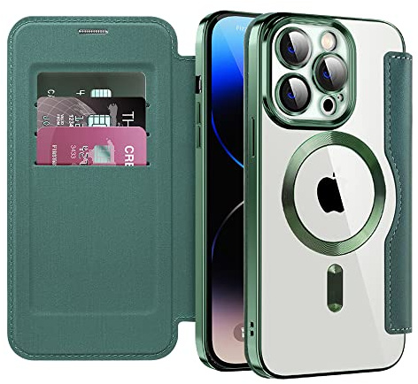 SIYOPINPFY Wallet Case for iPhone 14 Pro with Card Holder, Green JD | [Compatible with MagSafe] [RFID Blocking] Premium Flip Leather Card Slots Holder , Magnetic Clear Back Shockproof Phone Case
