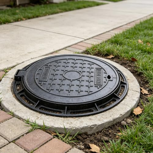 petour Ductile Iron Manhole Cover and Frame Round Circular Ø 500mm | Heavy Duty Water Round Manhole Cover 12.5 tonne Driveway Septic Tank Lid Inspection Round Circular for Garden Driveway