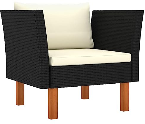kithwjll Gartensofa aus Poly Rattan, Eukalyptus Massivholz, Schwarz, Cremeweiß, wetterfest, für Garten Lounge, Balkon, Terrasse, Outdoor Sofaset, 72,5x64,5x67 cm
