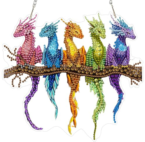 MEIYUDA 5D Diamond Painting Anhänger Erwachsene Kinder, Drache Sonnenfänger Fensterbilder DIY Set Lichtfanger, Malerei Kristall Diamond Painting Set Erwachsene für Home Wand Décor