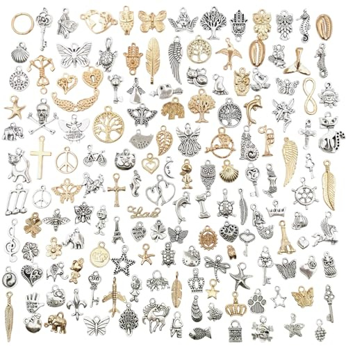HTTDSLF 150 Stücke Charms Anhänger zum Schmuck, Gemischte Charms zum Basteln, Charm Armband Selber Machen, für handgemachten Hochzeit Party gefallen Geburtstagsparty (Gold und Silber)