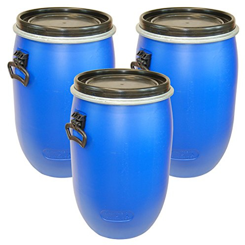 Lot de 3 Fûts, baril poliétylène ouverture totale 60 L, bleu, qualité alimentaire, avec couvercle (3x22095)
