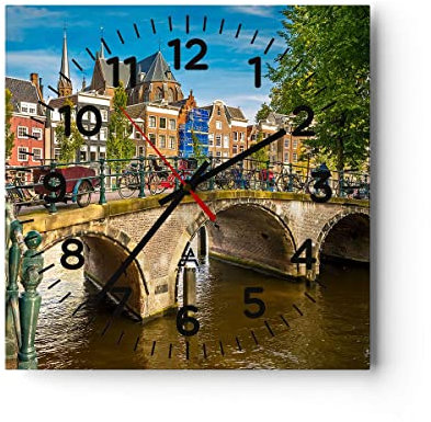 Modern Wanduhr Amsterdam Bögen Architektur Gebäude 40x40cm Quadrat Groß Wand Uhr Glas Analog Zimmeruhren Küche Büro Wohnzimmer Glasuhr Wall Clock Dekoration Design Küchenuhr C4AC40x40-3173