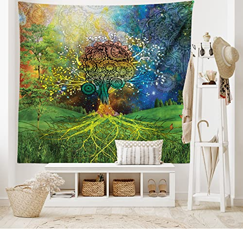 ABAKUHAUS Ethnisch Wandteppich, Baum im Tal Spirale Zweig Gleichgewicht Mutter Erde Kunst Illustration Drucken, aus Weiches Mikrofaser Stoff Wand Dekoration Für Schlafzimmer, 150 x 110 cm, Grün Blau