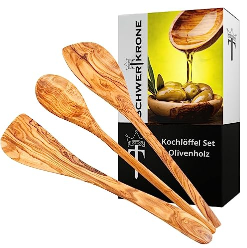 Schwertkrone Kochlöffel Set Olivenholz | Pfannenwender | Risottolöffel | spitz und rund (Set 3-teilig)