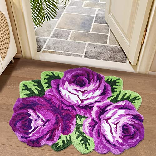 USTIDE Flora-Teppich, Violett, handgefertigt, Badematte, Veranda, Teppich, Mädchenzimmer, waschbar, rutschfest, Bodenteppiche (7 x 9 cm, Violett)