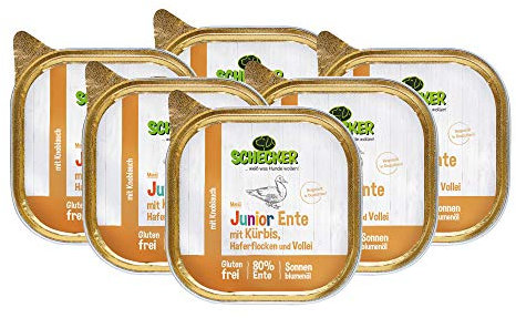 Schecker Nassfutter - Hundemenü Junior Ente mit Kürbis, Haferflocken und Vollei - 6 x 200 g - Welpenfutter - mit 80% Ente