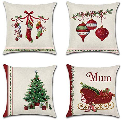 4 Stück Weihnachten Kissenbezug 45 x 45 cm Baumwolle Leinen Kissenbezüge Dekorativ Sofa Dekokissen Quadratisch Home Schlafzimmer Taille Wurf Kopfkissenbezug Kissenhülle Weihnachtsbaum Strumpf