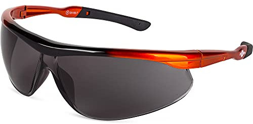 ToolFreak Safety Glasses - Tinted With Hard Case - UV & Impact Protection ANSI z87.1 Rated, Wraparound Lens, Non-Slip Grips & Neck Cord - Tinted Safety Glasses For Men & Woman